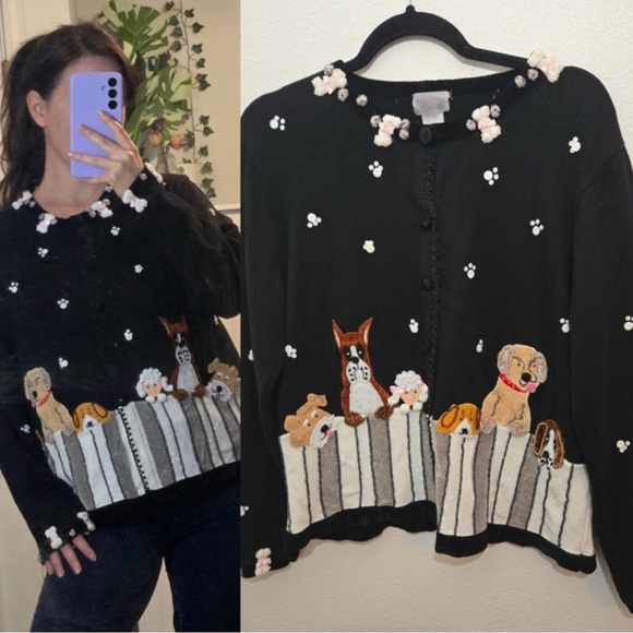 Vintage BEREK Dog Cardigan Sweater Womens M Black Beaded Puppies Poodle Boxer - Picture 2 of 11